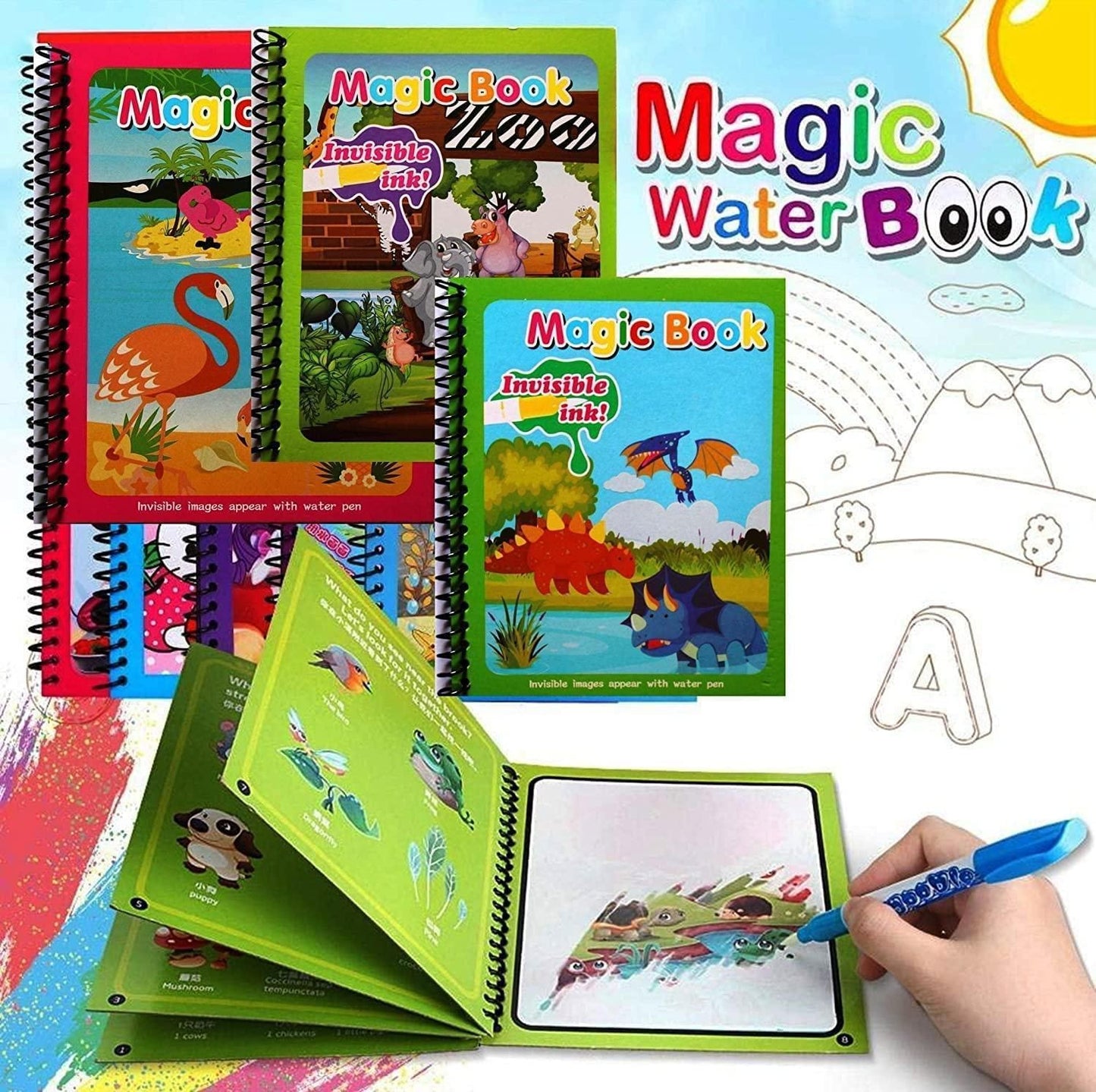 Reusable Magic Water Quick Dry Book ( Pack Of 4 Books & 4 Magic Water Pen )